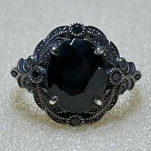 Oval Black Onyx Rhodium Plated Sterling Silver Ring—Size 5